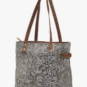 Myra Bag Gypsy Twin abstract floral print upcycled canvas leather trim tote bag.